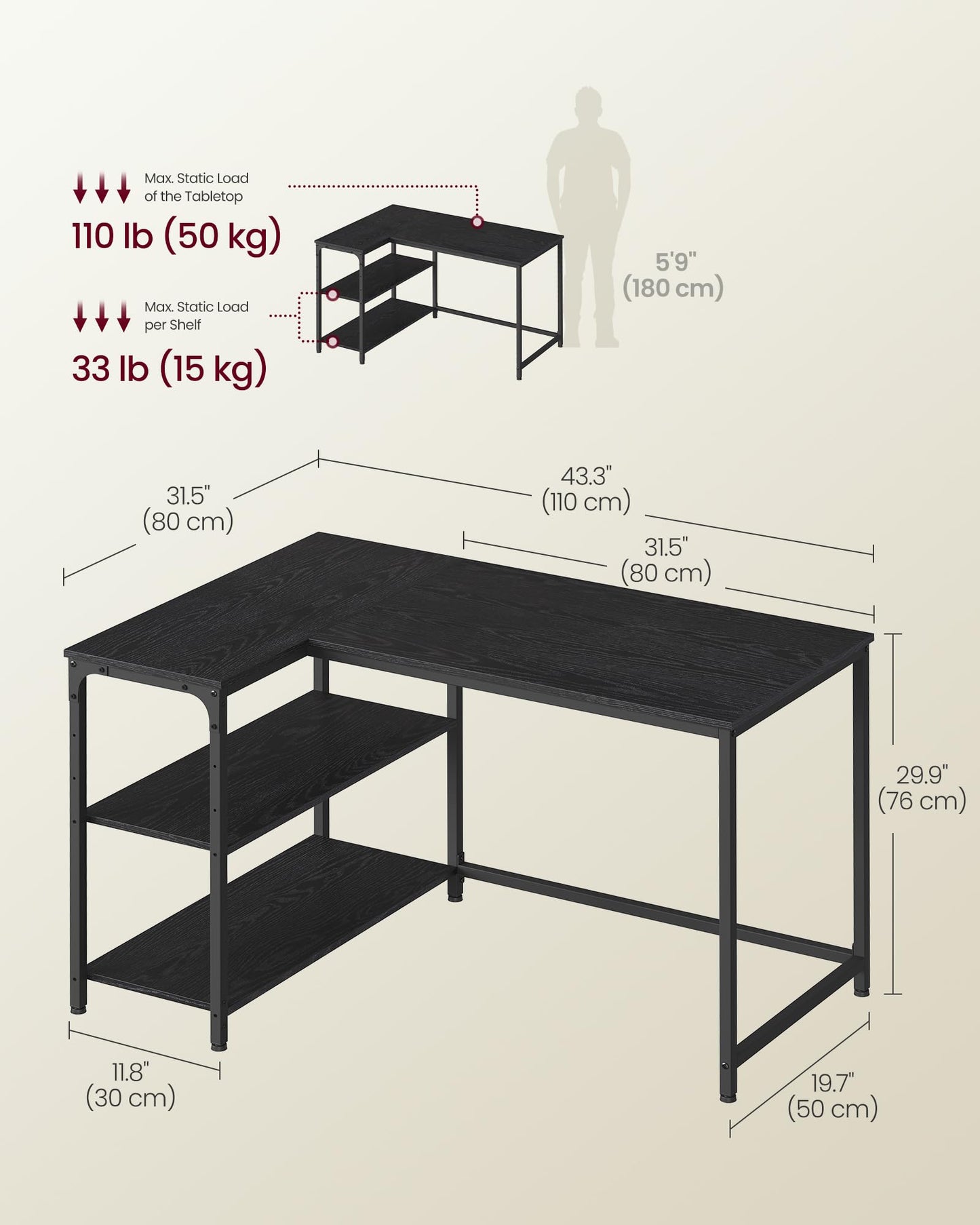 VASAGLE L Shaped Corner Desk, Computer Gaming Desk with Storage, Reversible Height-Adjustable Shelves, for Home Office, 110 x 80 cm, Ebony Black LWD135BE01