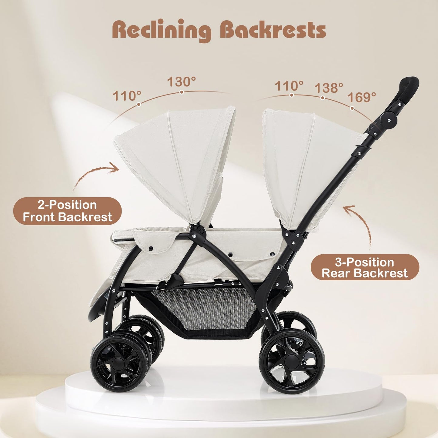 COSTWAY double seat pushchair in beige with adjustable backrests, sunshade, safety belts, push handle, footrest, and storage basket.