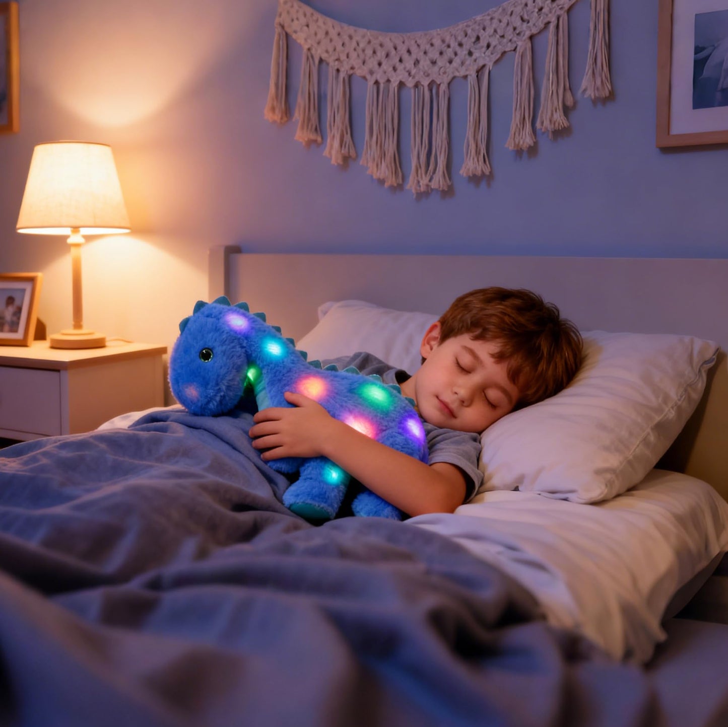 Hopearl LED Musical Stuffed Dinosaur Light up Singing Diplodocus Soft Plush Toy with Long Neck Adjustable Volume Lullaby Animated Soothe Gifts for Kids Toddlers, Blue, 16''