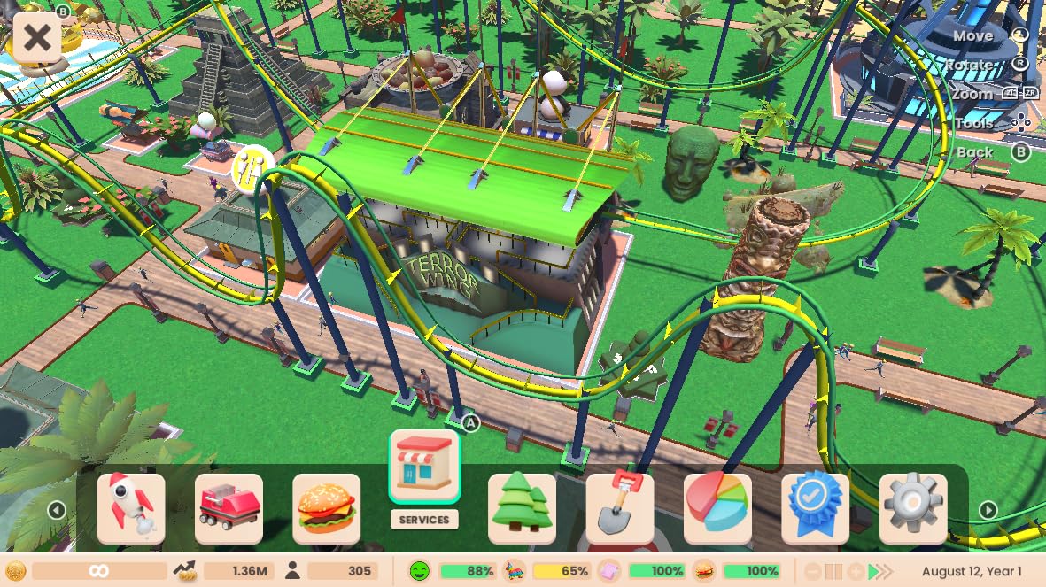 Atari RollerCoaster Tycoon Adventures Deluxe video game for Switch, featuring colorful game cover art with roller coaster graphics.