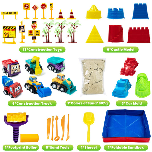 CROSOFMI Play Sand for Kids 2lbs Magic Sand with 6 Construction Vehicles 10 Road Signs and Foldable Sandbox and Moulds and Tools Toys for Boys Girls 3 4 5 6 7+ Year Old