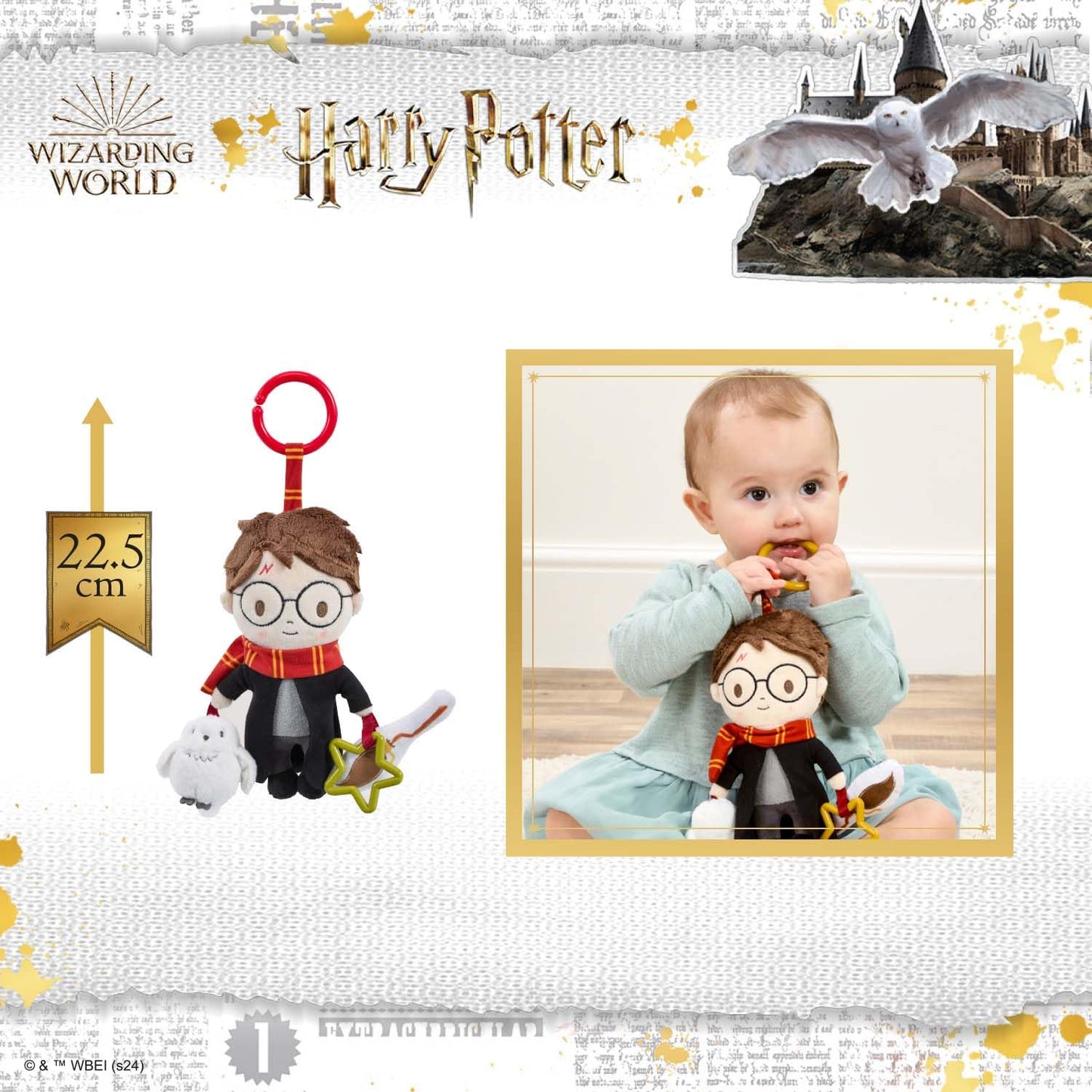 Harry Potter On the Go activity toy by Rainbow Designs, clip-on pram toy with crinkle broomstick and squeaky owl for babies.