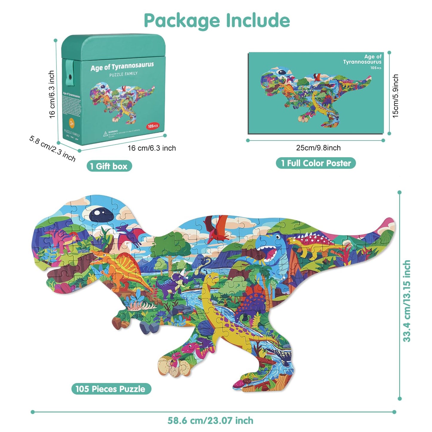 Tyrannosaurus Rex Jigsaw Puzzle for Kids, 105 Pieces Jigsaw Puzzle with Large Pieces for Kids Age 4 5 6 7 8 9 10 Years.