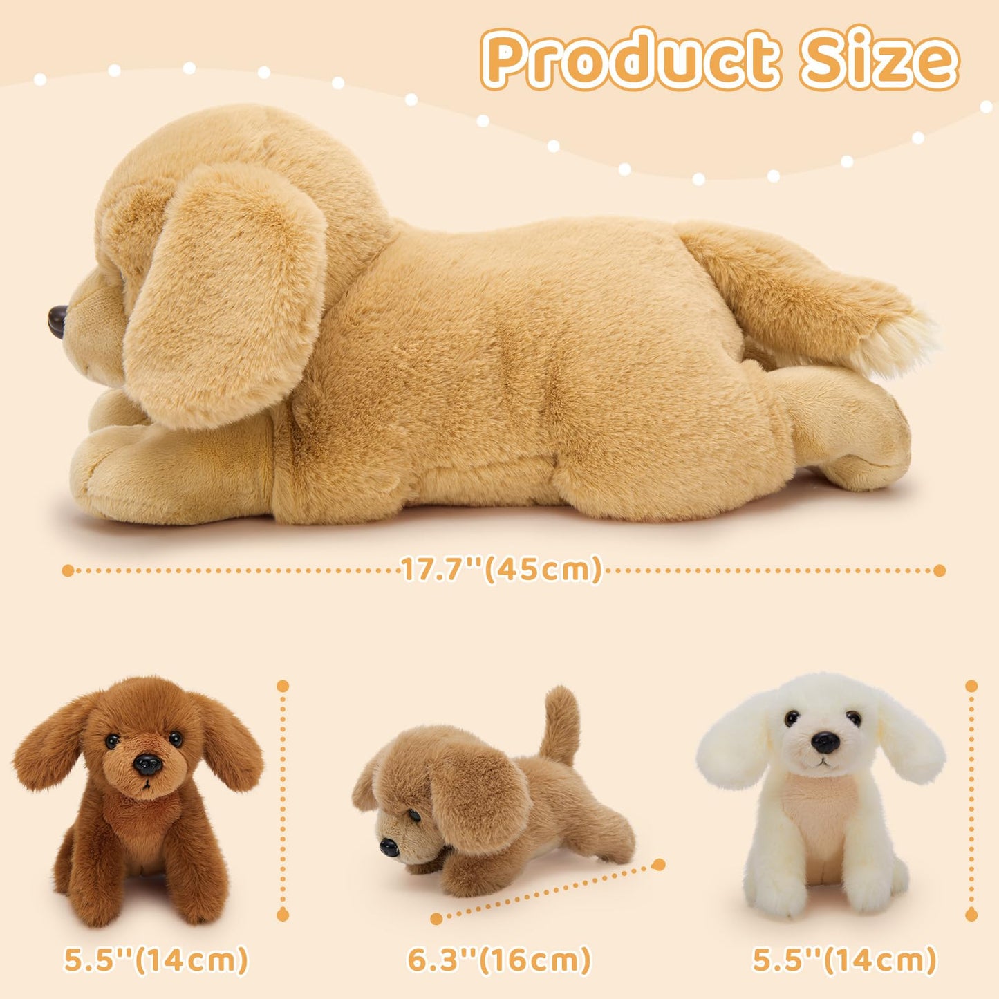 MorisMos Big Golden Retriever Teddy Soft Toy, 45cm Mom with 3 Cuddly Baby Inside, Giant Fluffly Dog Plush Toy Realistic Kawaii Gift for Kids Birthday Deco