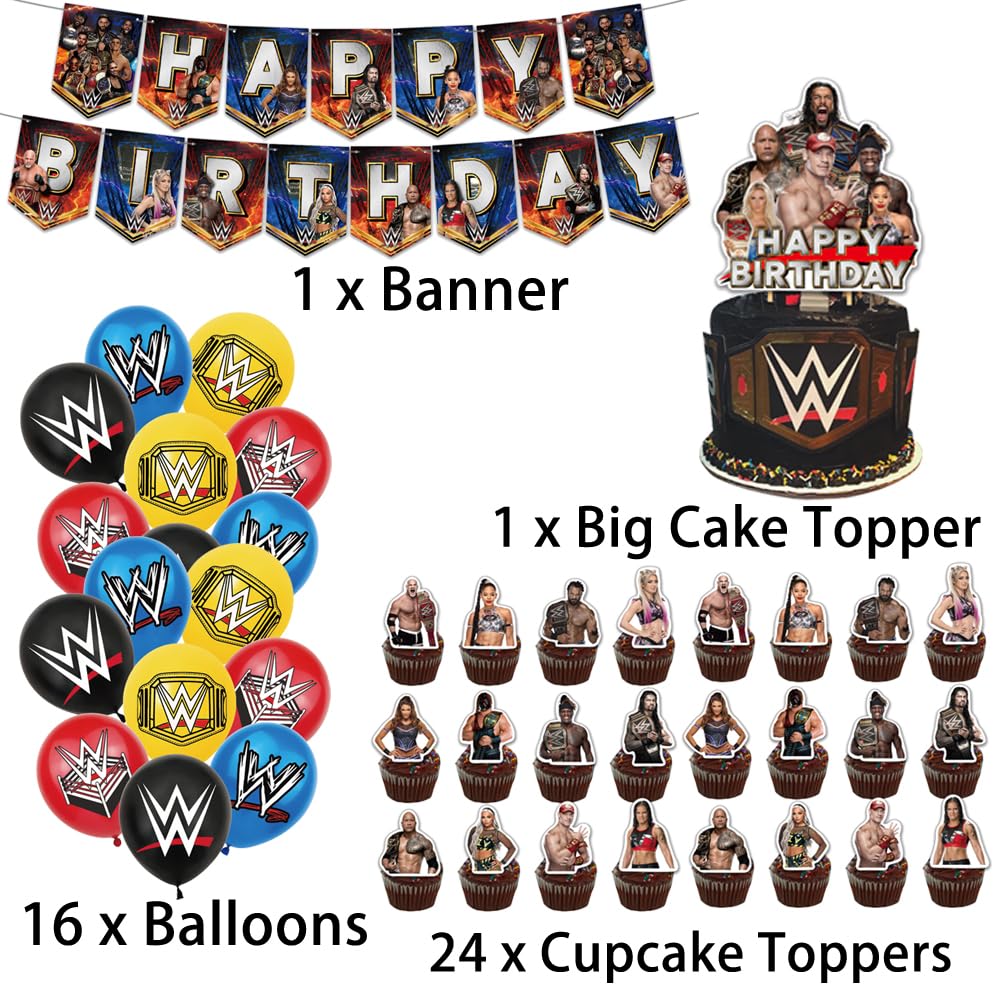 Wrestlinss Birthday Party Decorations Wrestling Party Supplies, Happy Birthday Banner, Balloons, Cake Toppers Decoration Cupcake Toppers