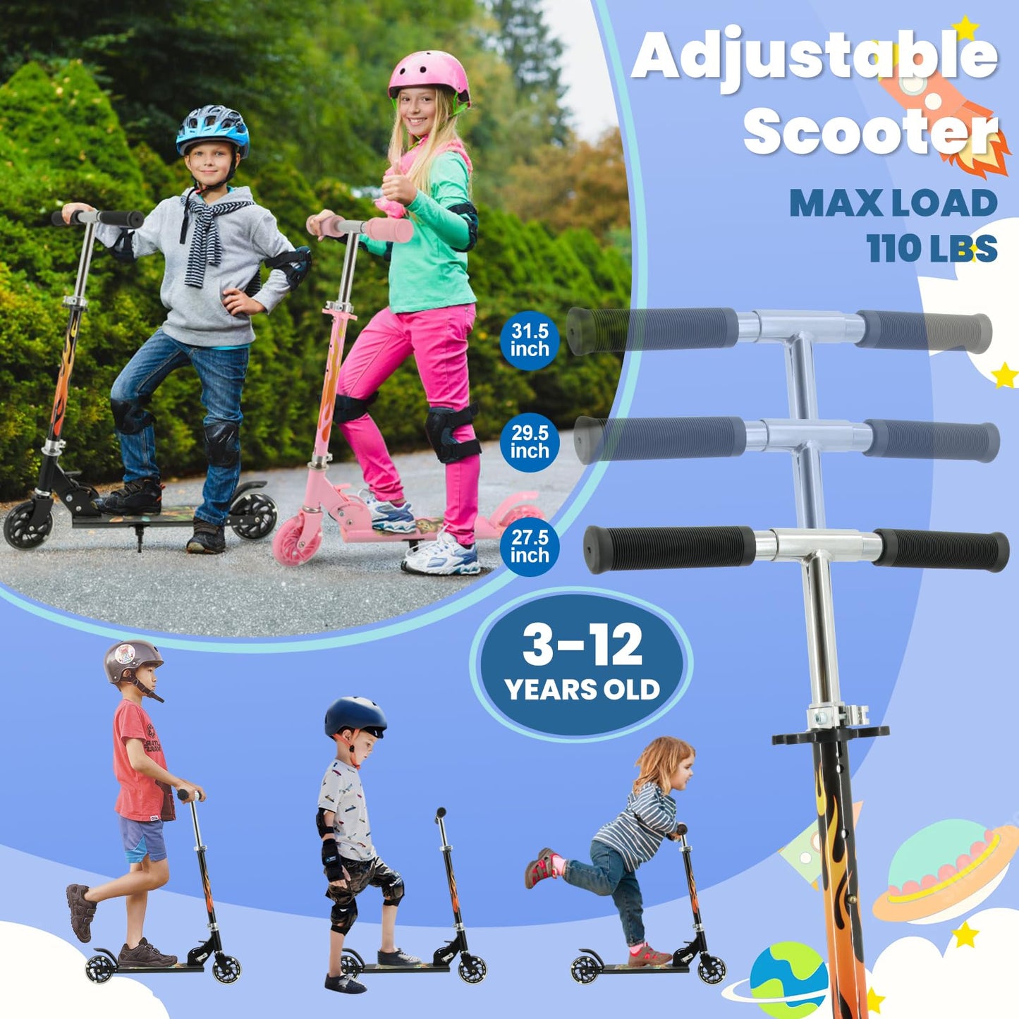 TENBOOM Scooter for Kids Ages 4-7, 2 Wheels Light Up Gift Scooters for Girls Boys Ages 6-12, Easy Folding Kids Scooter with 3 Levels Adjustable Handlebar and Rear Brake