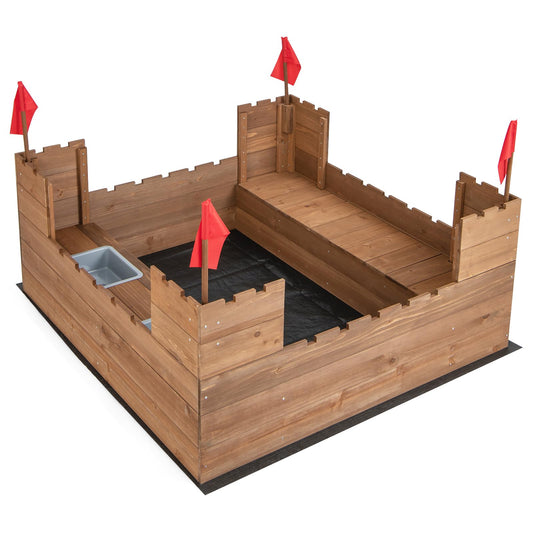 COSTWAY Kids Wooden Sandpit, 116x113cm Sand Play Station with Built-in Bench Seats, Storage Boxes, Flags and Protective Bottom Liner, Children Sandbox for Garden Bench