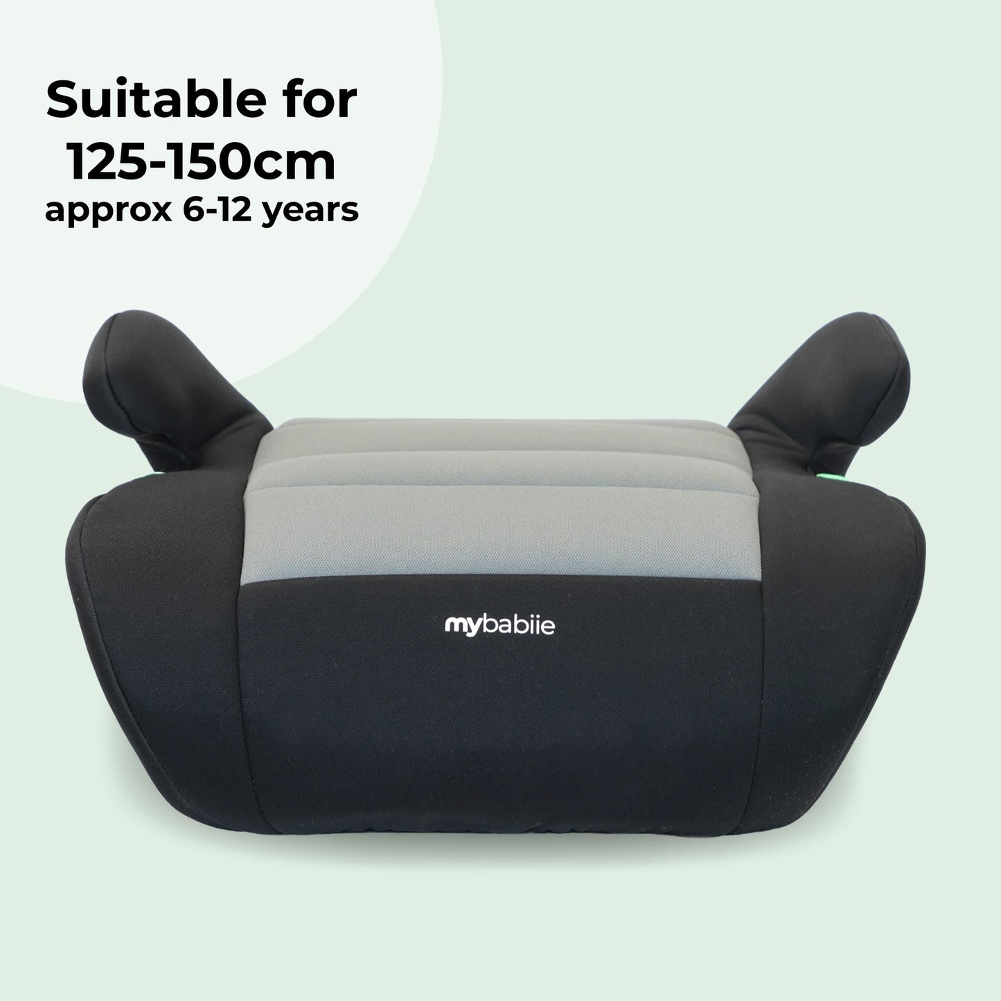 My Babiie Booster Lite R129 Car Seat - Lightweight at 1kg, Approx. 6-12 Years (125-150cm, 22-36kg), i-Size Backless Child Car Seat, Group 3, Compact, Portable, Ideal for Travel - Black & Grey