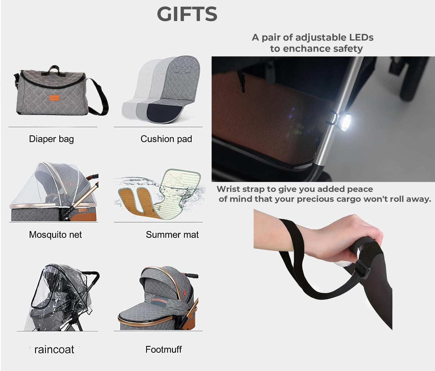 Baby Buggy Pram Pushchair Stroller 3 in 1 Child Lightweight Folding Stroller 3 in 1 Travel System Pram for Newborns & Toddlers from Birth Aluminum (Grey - Rose Gold Frame)