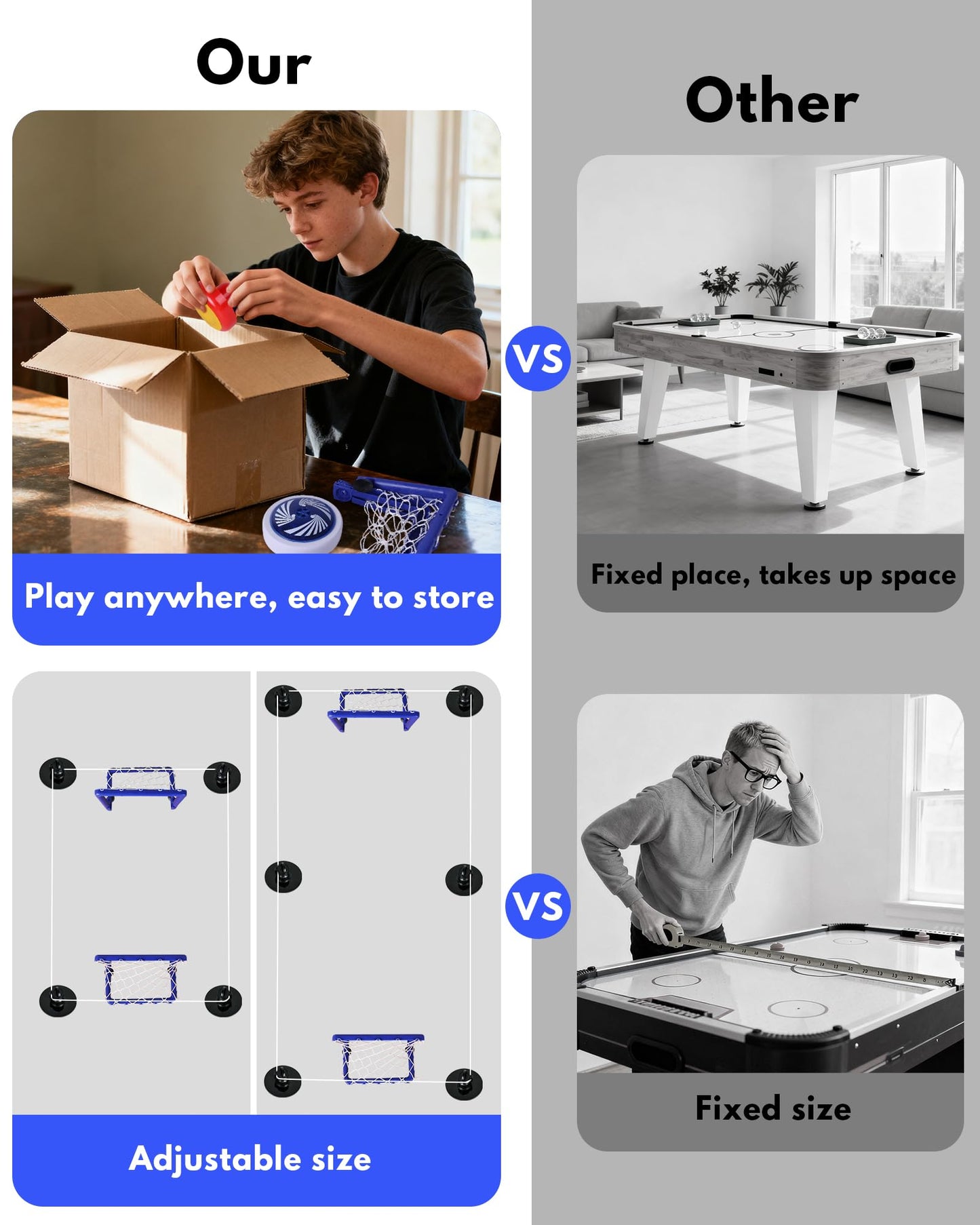 Rechargeable Tabletop Air Hockey – Elastic Rope Rebound Boundaries with Adjustable Size, 2–4 Player Indoor Hockey Game with LED Pucks, Fun Party & Gift Idea