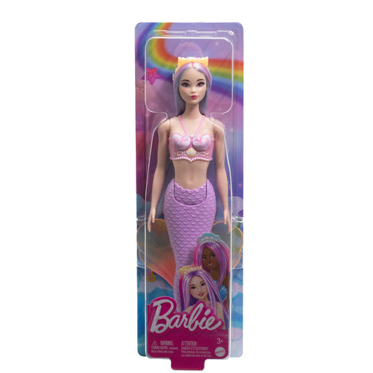 Barbie Mermaid Doll with pink and lilac hair, shell bodice, and lavender tail, wearing a sparkly headband accessory.