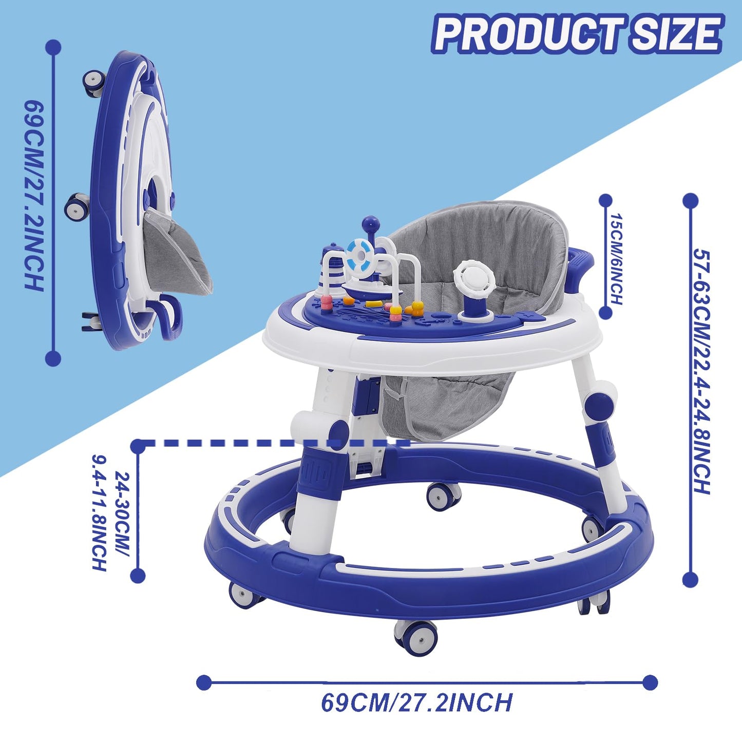 Maycoly foldable baby walker with seat, foot pads, light, sound, and anti-rollover features, round shape for easy push along.