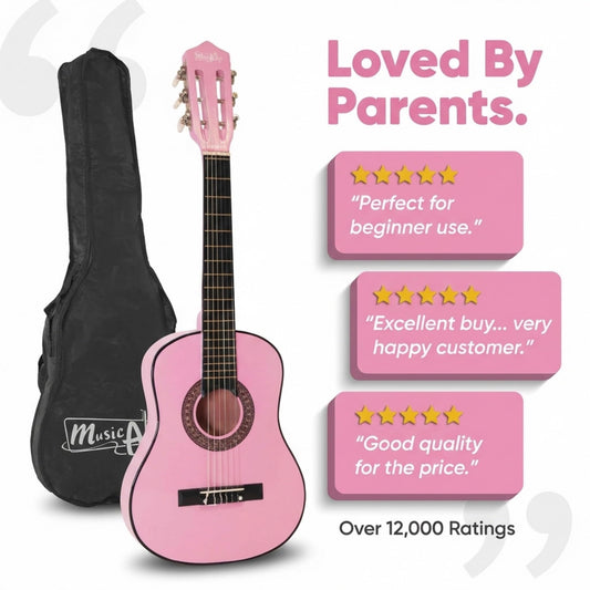 Music Alley classical junior acoustic guitar for kids with a carrying bag, featuring a compact size and nylon strings for young learners.