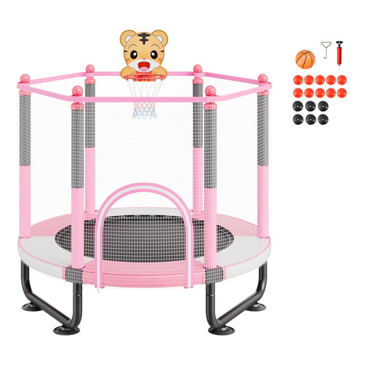 VEVOR 60" Kids Trampoline, 5FT Indoor Outdoor Trampoline, Mini Toddler Recreational Trampolinewith Safety Enclosure Net and Basketball Hoop, Birthday Gifts Christmas Toys for 3+ Years Children, Pink