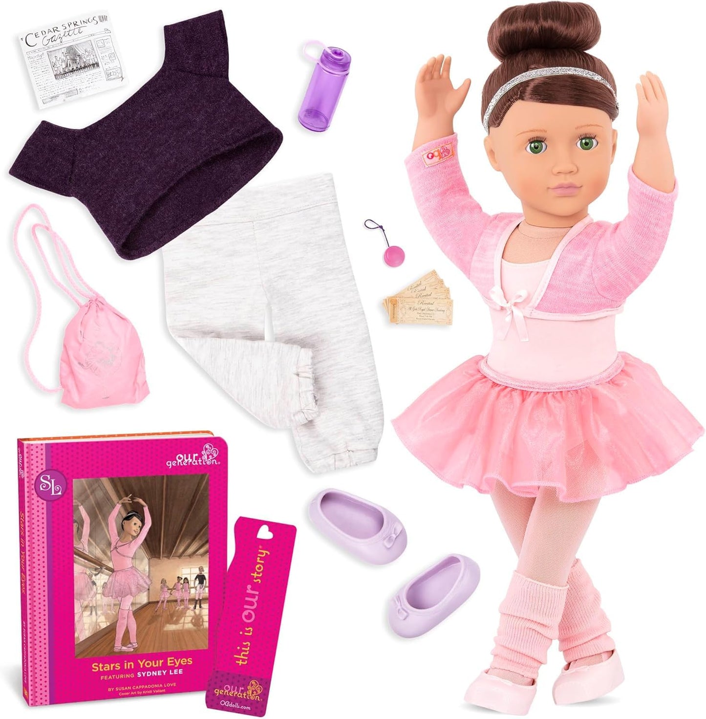 Poseable Our Generation Sydney Lee ballerina doll in two outfits with accessories, perfect for kids aged 3 and up.