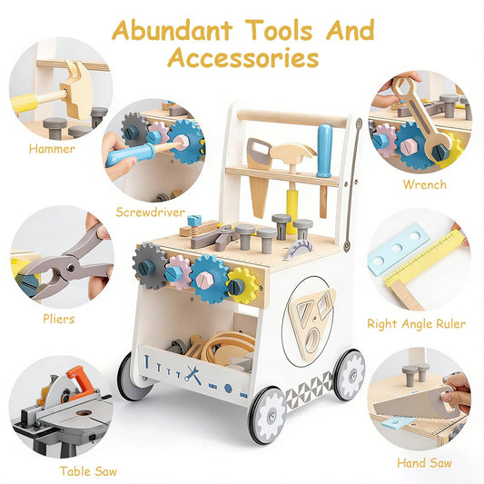 Caossuixin wooden baby walker for toddlers with shape sorter, toy tool set, workbench, and clock features, suitable for 6-12 months.