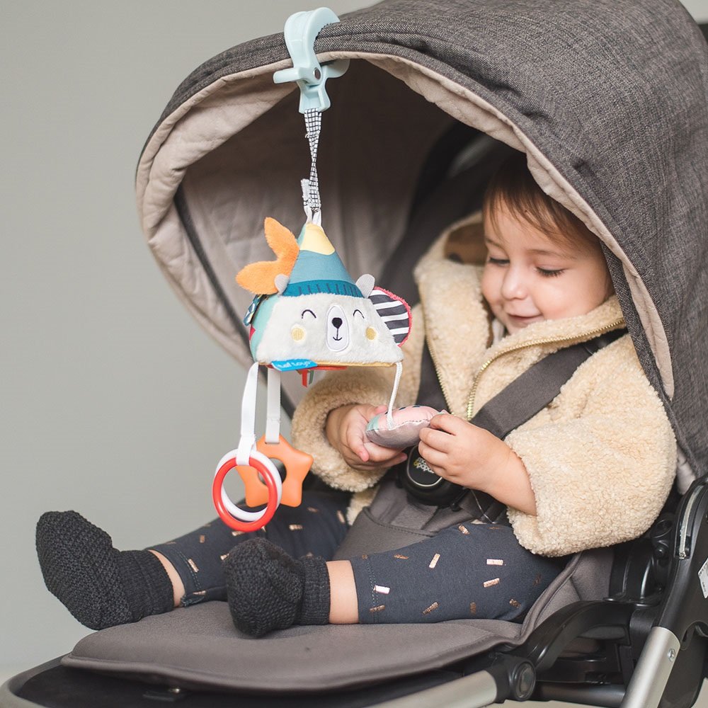 Taf Toys North Pole Pyramid Activity Baby Pram Toy with hanging soft sensory toys for strollers, car seats, and cots.