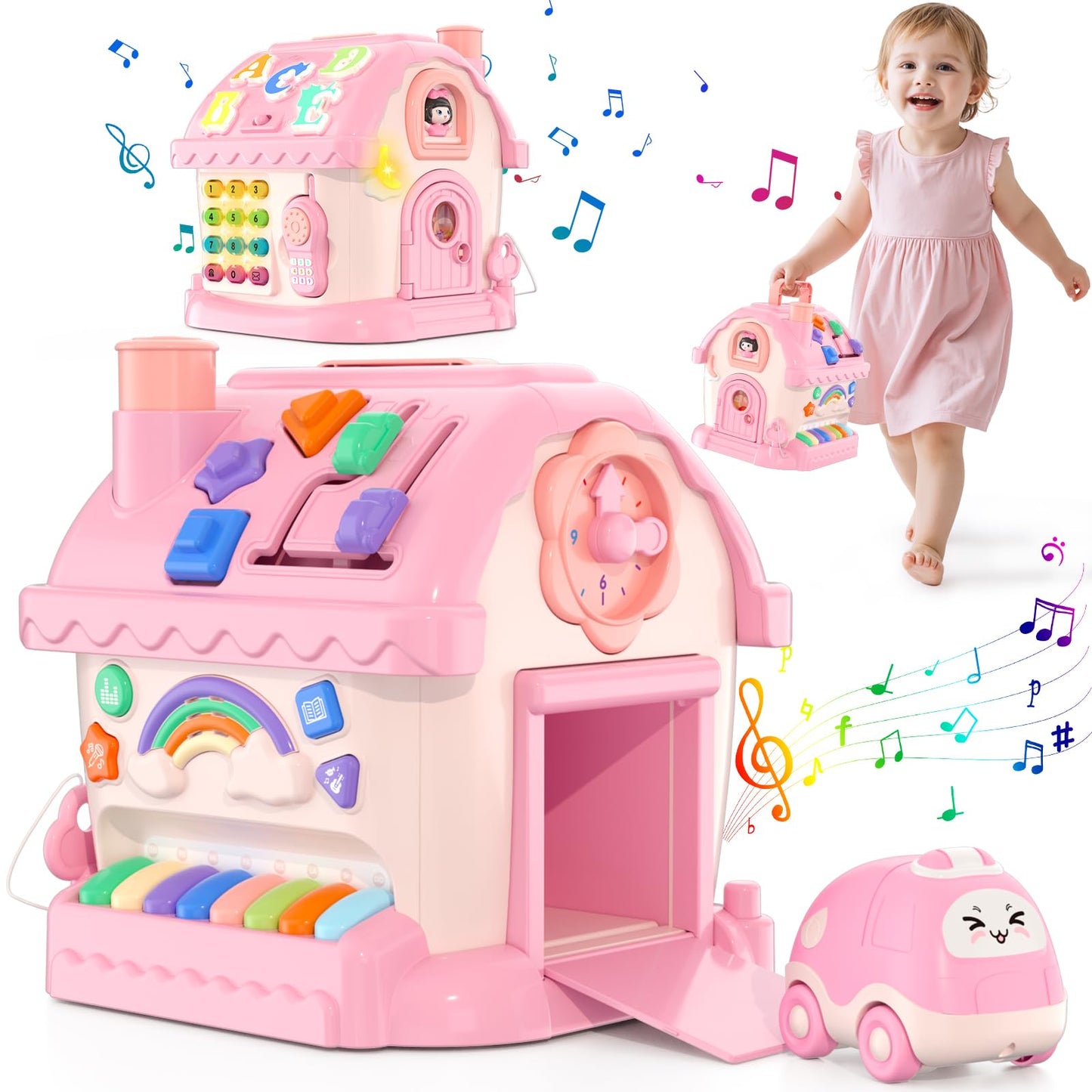 HYES Toys for 1 Year Old Girls, Montessori Educational Toy, 8 in 1 Multi Function Activity House Baby Toy with Music/Car/Clock/Phone/Light, Sensory Toys Birthday Gifts for Baby 1-2 Years