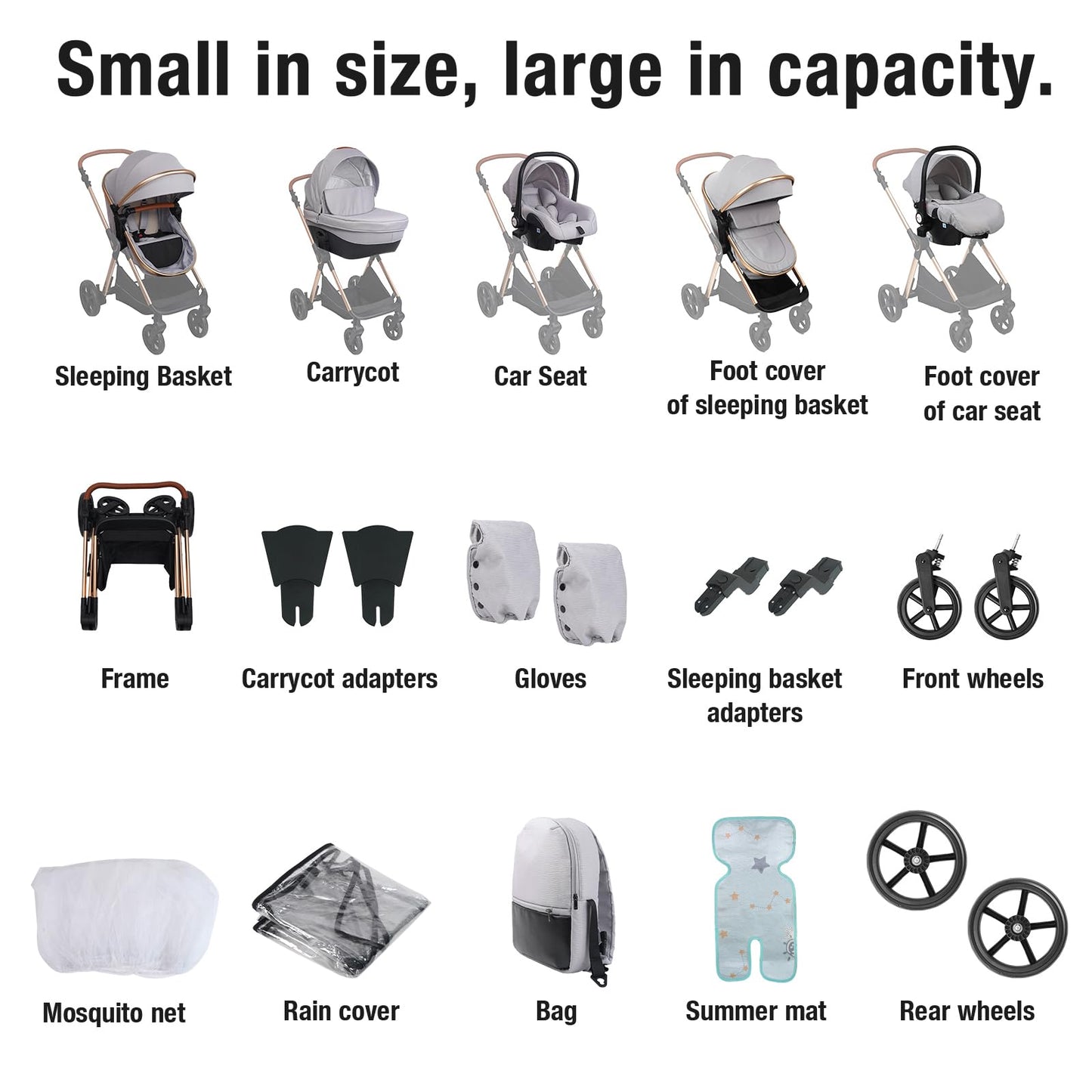 Magic ZC 4 in 1 Pushchair Pram Travel System, Baby Stroller 4 in 1 with Reversible Two Pushing Modes, Newborn Infant Carriage One-Click Folding, Toddler Buggy Aluminum Frame (H2 Light Grey)