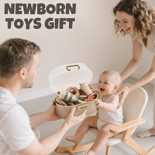 Vanplay baby toys set for 0-6 months, including rattles and teething toys in a storage box, vibrant colors and textures.