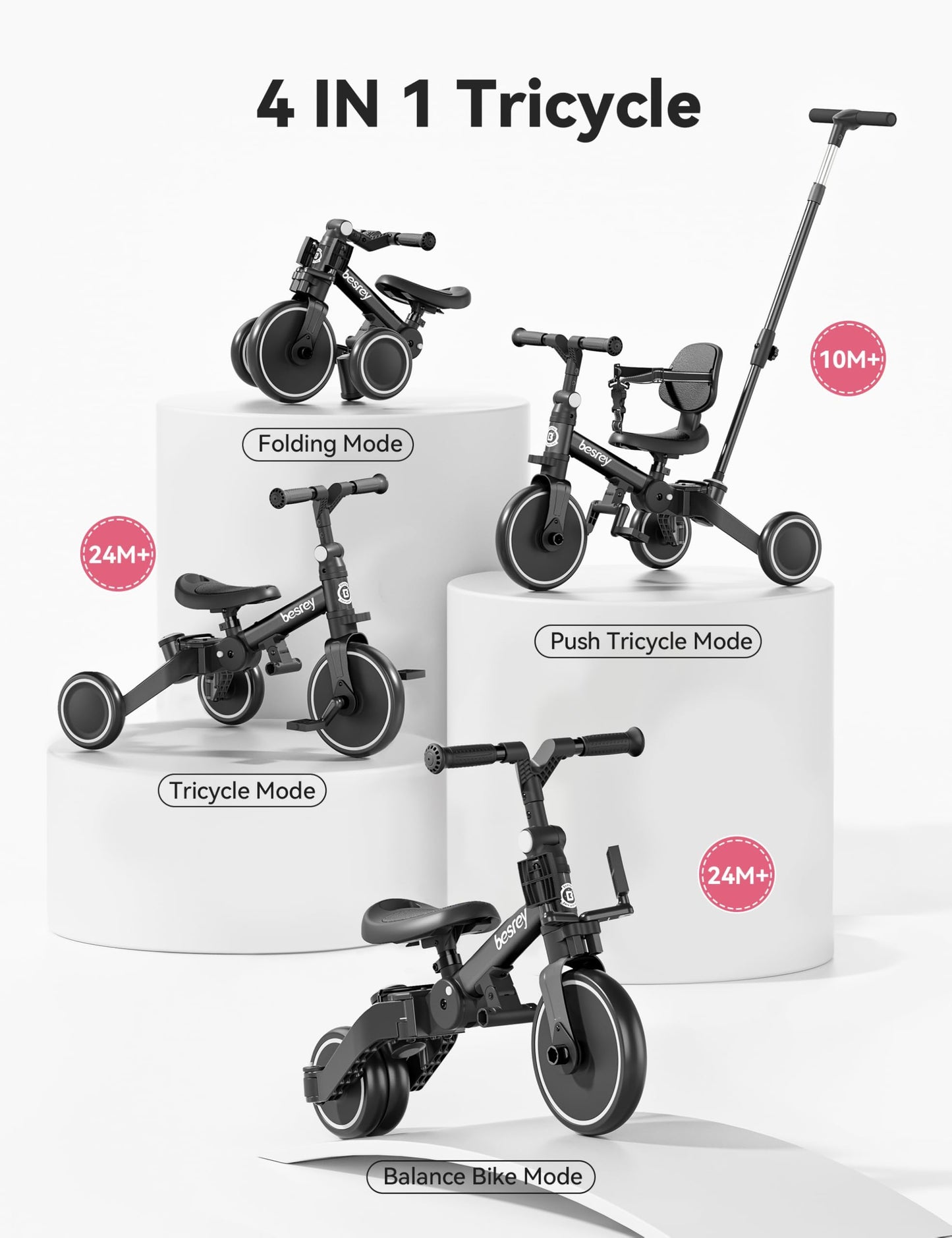 Black besrey toddler bike with push handle, removable pedals, and adjustable seat for 1-3 year old boys and girls.