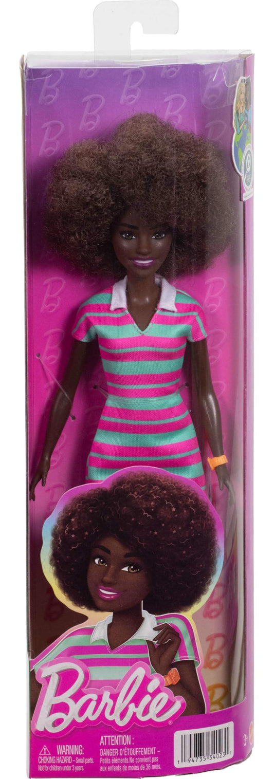 Barbie Fashionistas Doll #247 with Curly Black Hair, Pink and Green Striped Collared Dress with Accessories like Orange Watch and White Sneakers, JJN60