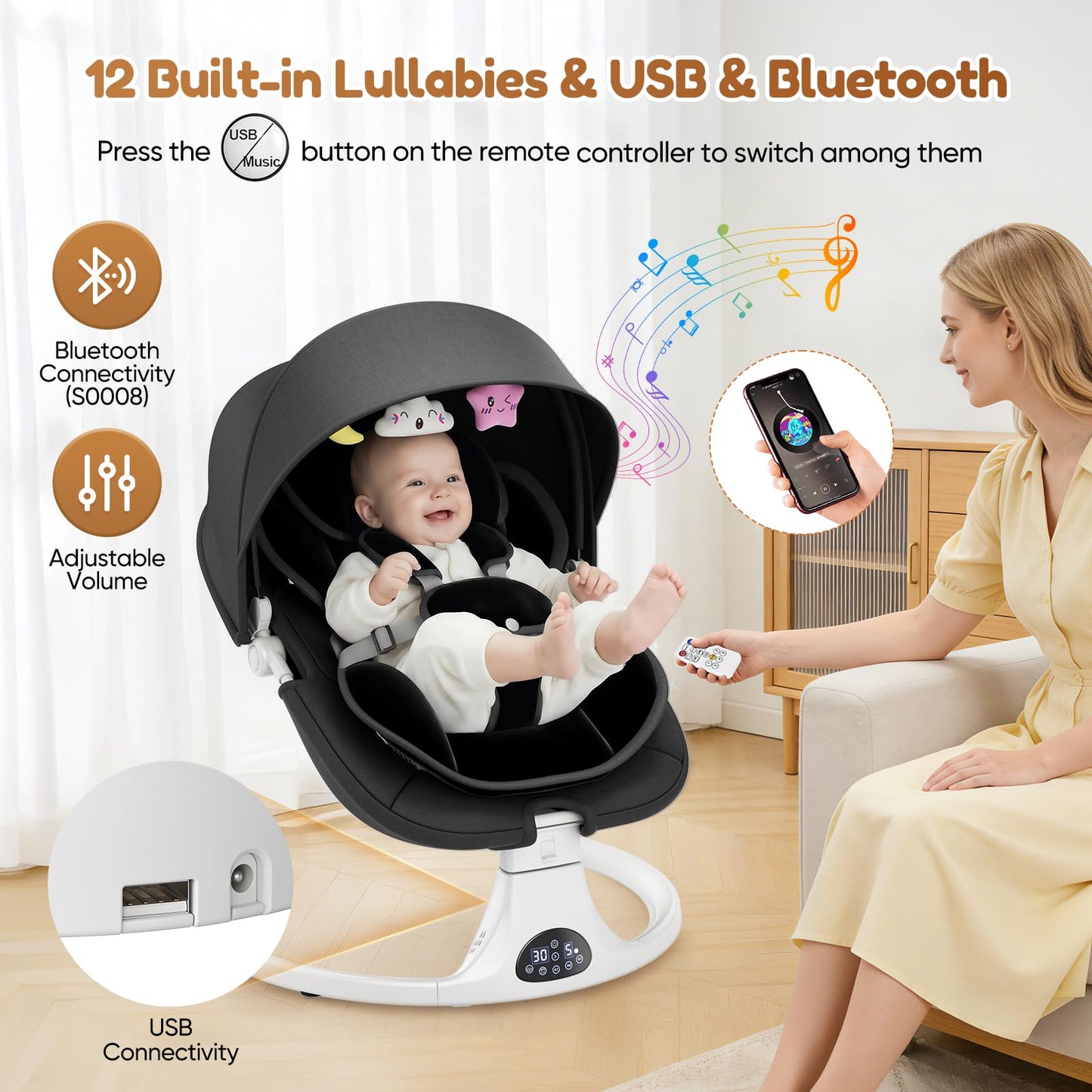 Helangel baby swing for infants and toddlers, electric with Bluetooth music, 5-speed, 3-seat positions, suitable for indoor and outdoor use