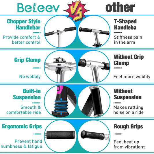 BELEEV Scooter for Kids Ages 6+, 200mm Big Wheel adult Scooters for Boys and Girls, 4 Adjustable Handlebar, Front Suspension, 2 Wheels Scooter with Carry Strap, up to 100Kg(Galaxy Purple)