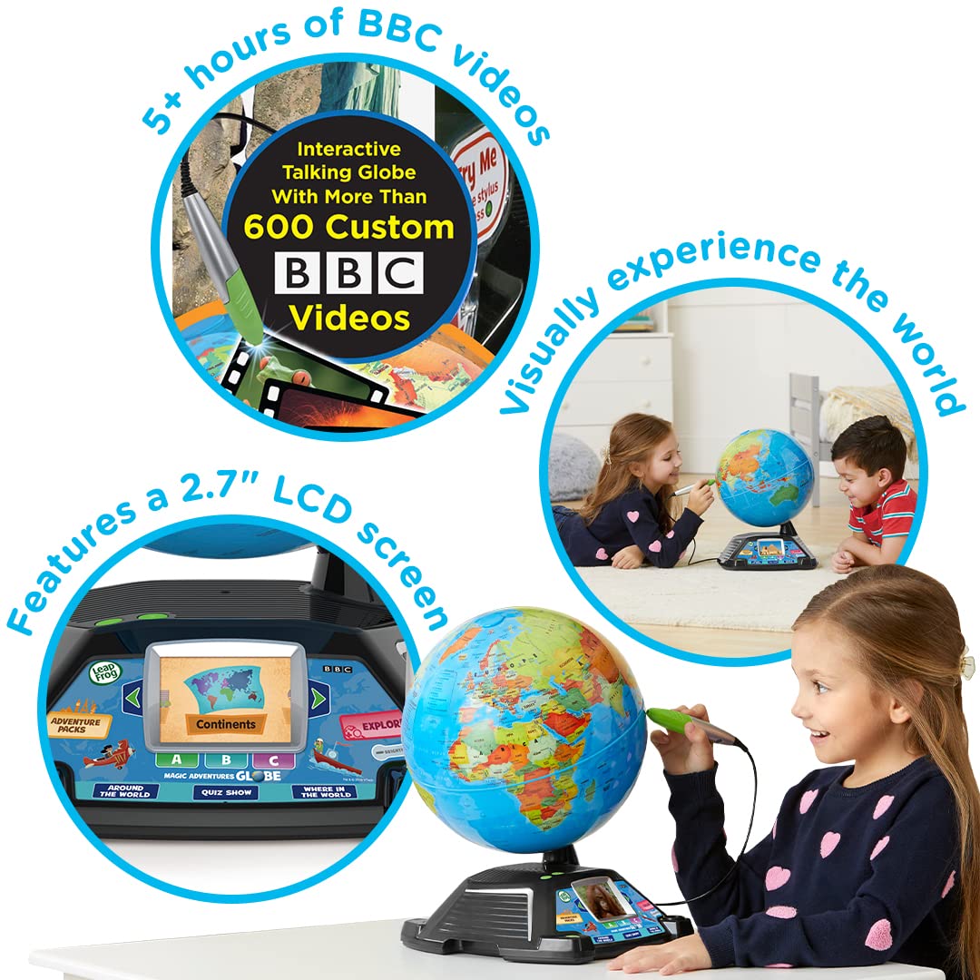 LeapFrog Magic Adventures Globe for kids showing a colorful interactive world map on a 2.7-inch LCD screen with educational games.