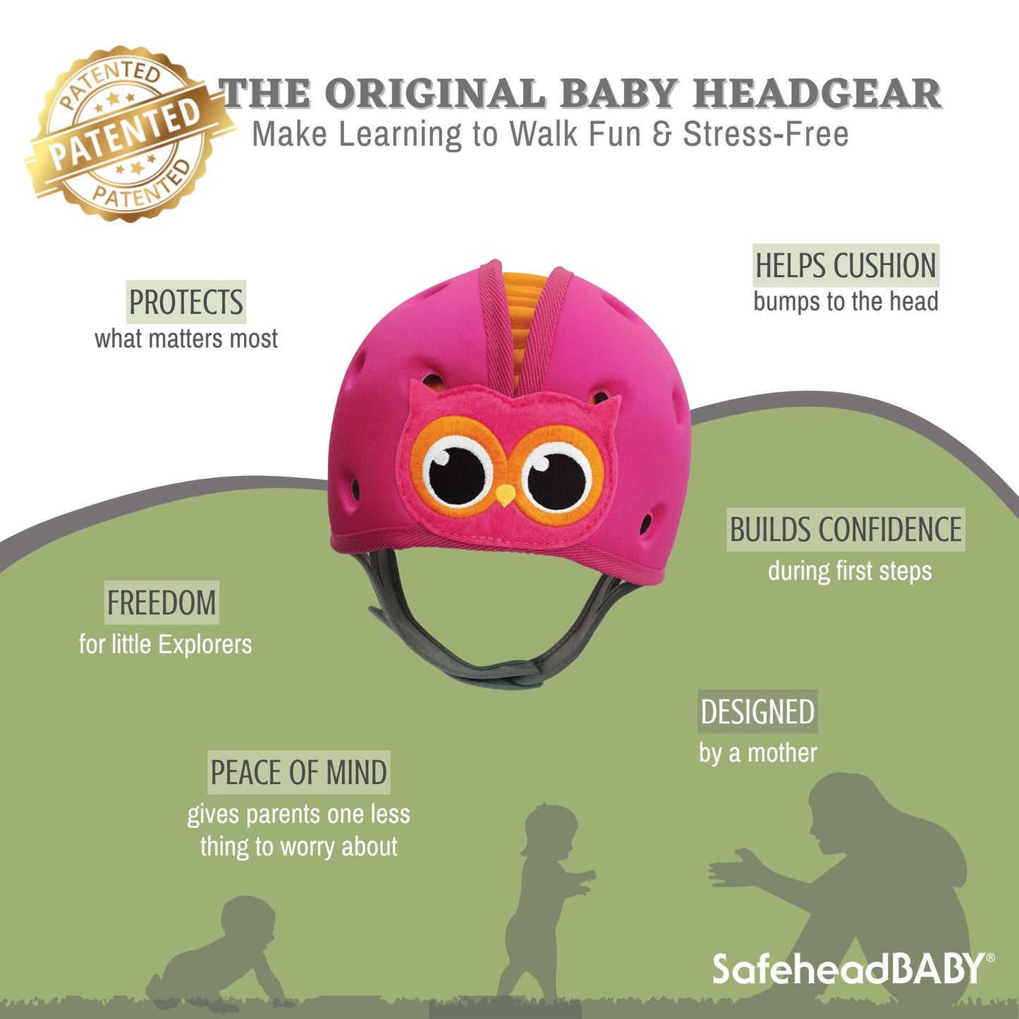 SafeheadBABY Award-Winning Infant Safety Helmet Baby Helmet for Crawling Walking Ultra-Lightweight Baby Head Protector Expandable and Breathable Toddler Head Protection Helmets - Owl Pink