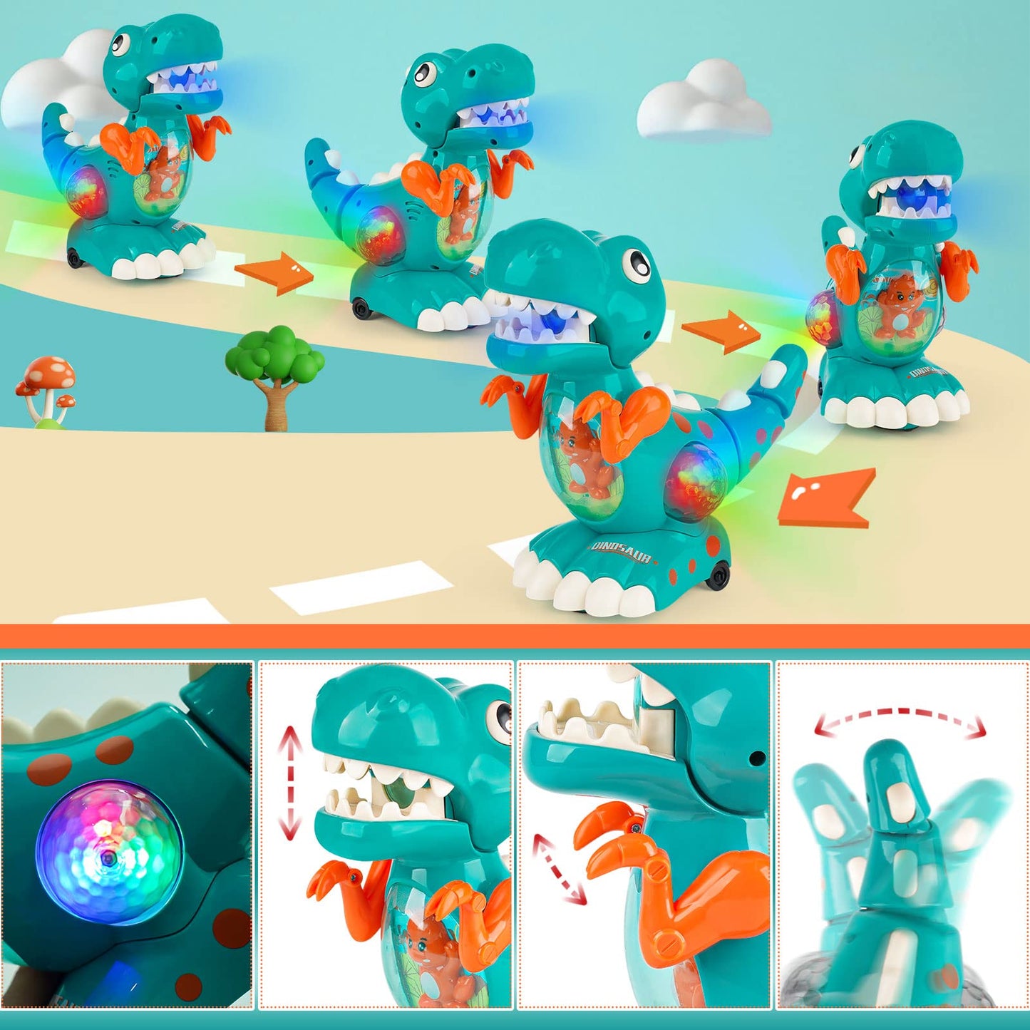 Colorful DINORUN dinosaur toy for babies, featuring musical lights and sensory sound, ideal for crawling and walking play.