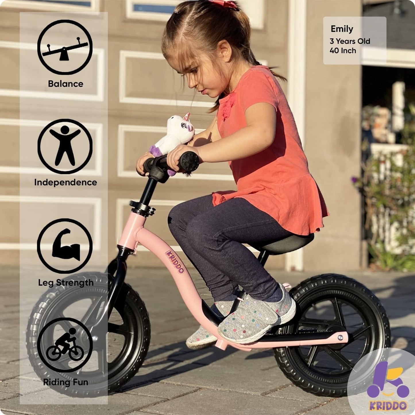KRIDDO Toddler Balance Bike 2 Year Old, Age 18 Months to 4 Years Old, Early Learning Interactive Push Bicycle with Steady Balancing and Footrest, Gift Bike for 2-5 Boys Girls, Pink