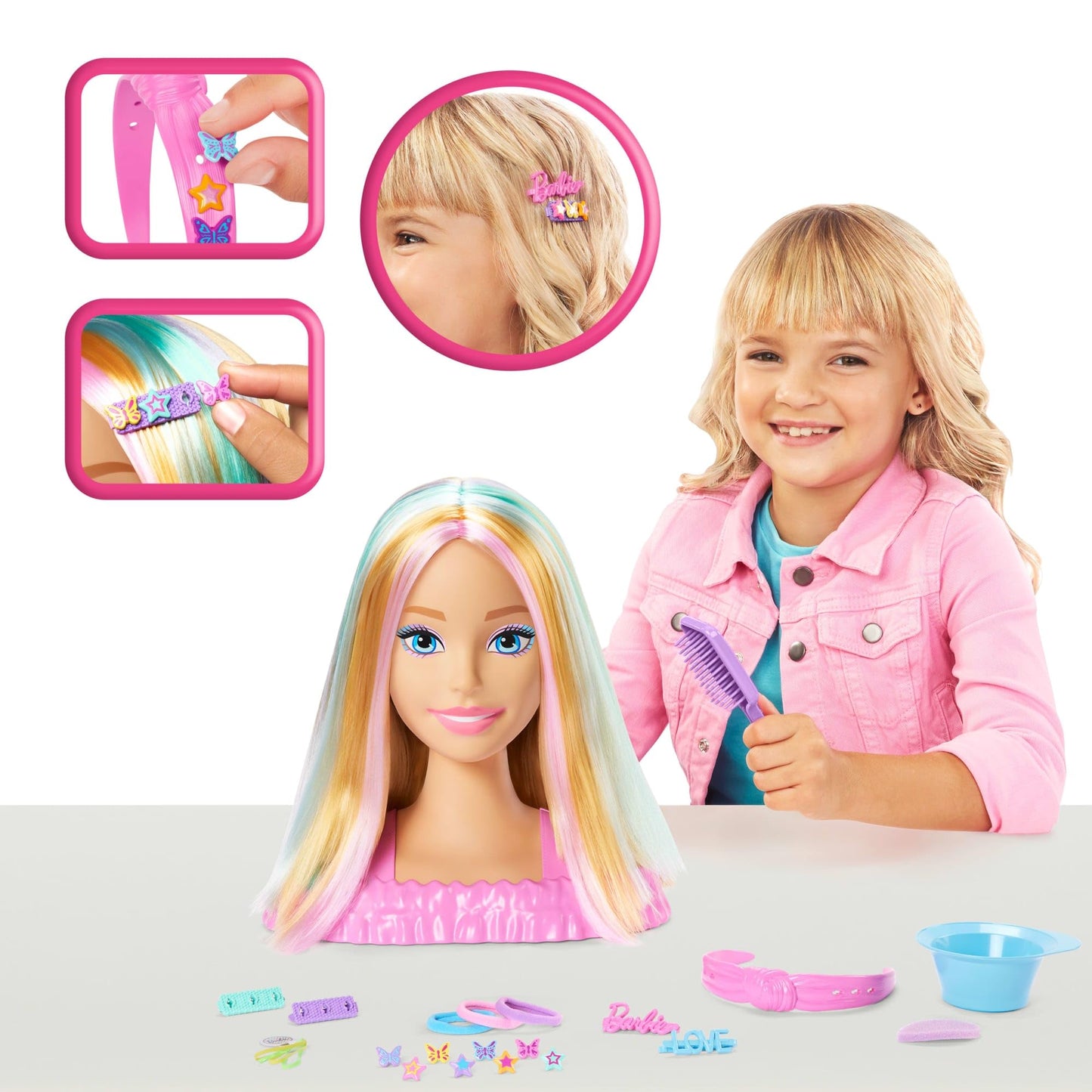 Barbie doll styling head with blonde hair, 20+ accessories, including star and butterfly color change hair clips.