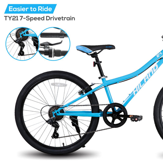 HILAND 24 Inch Kids Mountain Bike, 7 Speed MTB Bike for Boys Girls, Kids Mountain Bicycle with Suspension Fork V-brakes, Blue