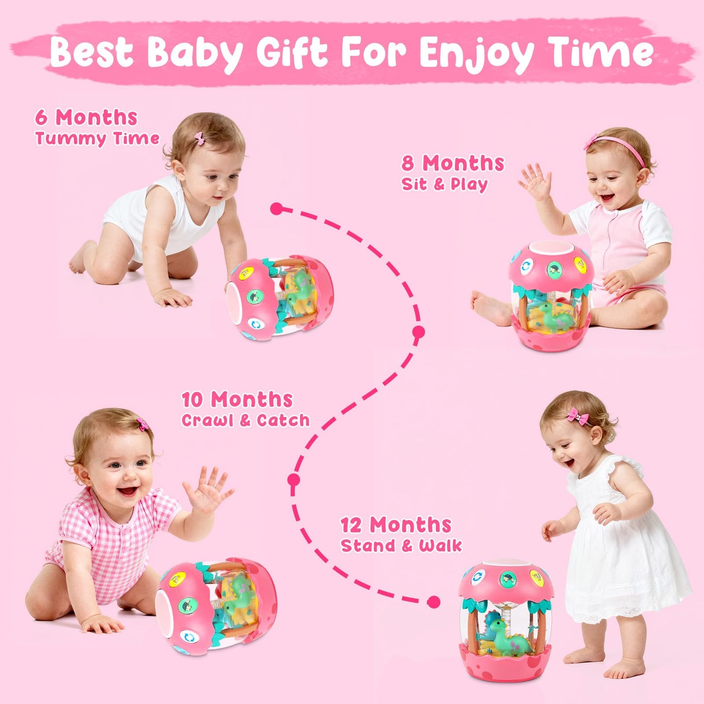 Shayson Baby Musical Toys 6 to 12 Months, Dinosaur Eggs Projector Light Up Toys with Music for 1 2 3 Year Old Boys Girls, 12-18 Months Crawling Learning Tummy Time 1st Birthday(Pink)