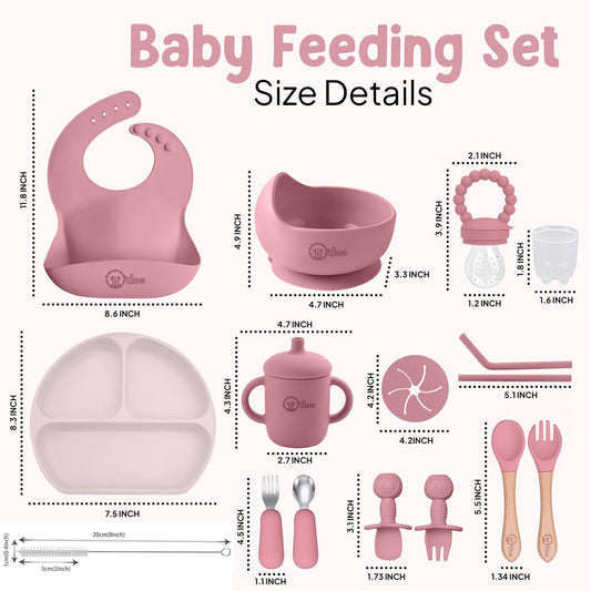 O'doe 17-Piece Baby Weaning Set | Led Weaning Supplies for Toddlers | Silicone Feeding Set BPA-Free, Bowl, Self-Eating Utensils, Spoons, Bibs, Sippy Cup, Food Plate Kit With Lid | Pink V2
