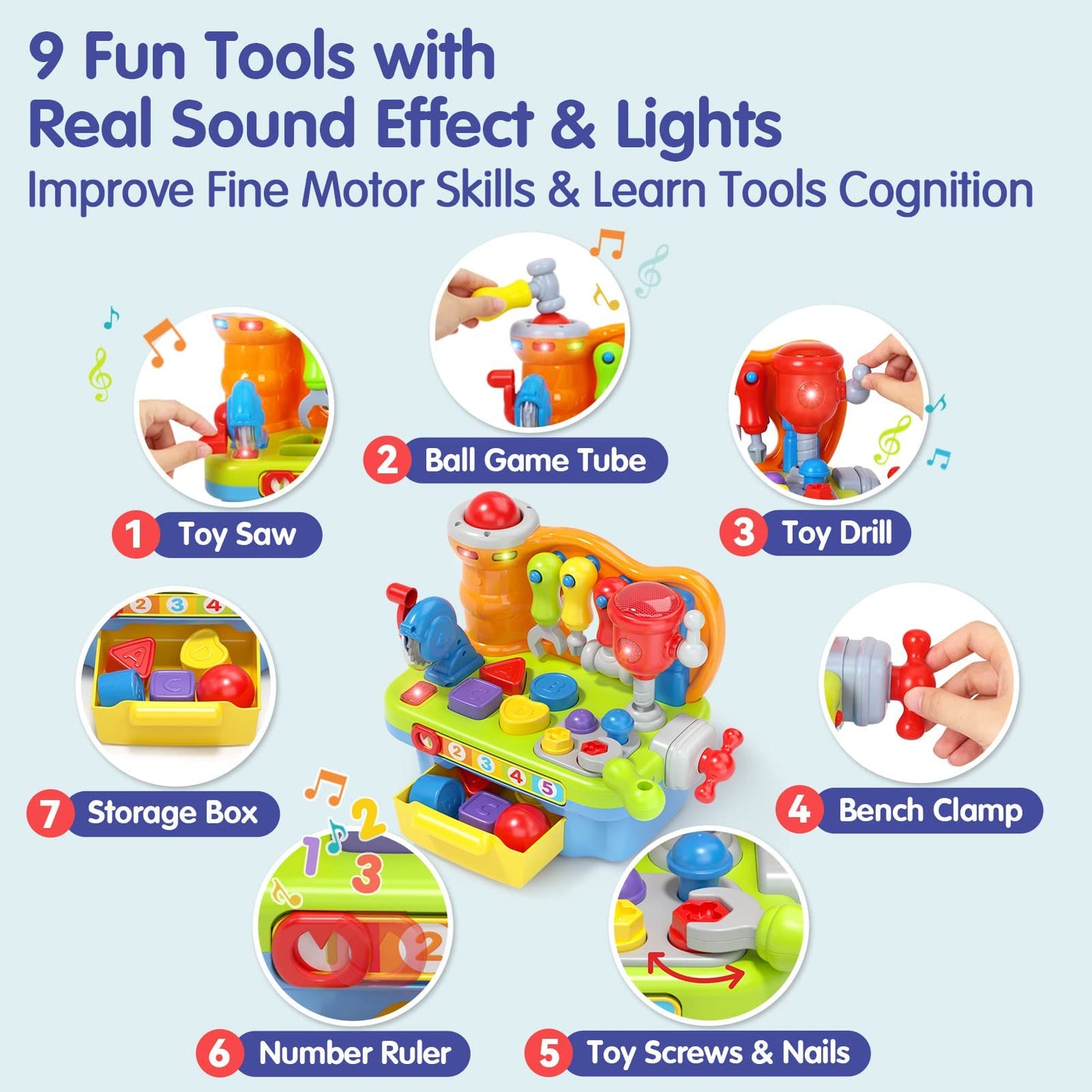 HOLA Toys for 2 Year Old Boy, Baby Tool Bench Toy for 1 Year Old Boys Musical Toddler Workbench Toy 12 18 Months with Shape Sorter, Sounds & Lights, Educational Toys Gifts for Baby Boys Girls Age 2 3