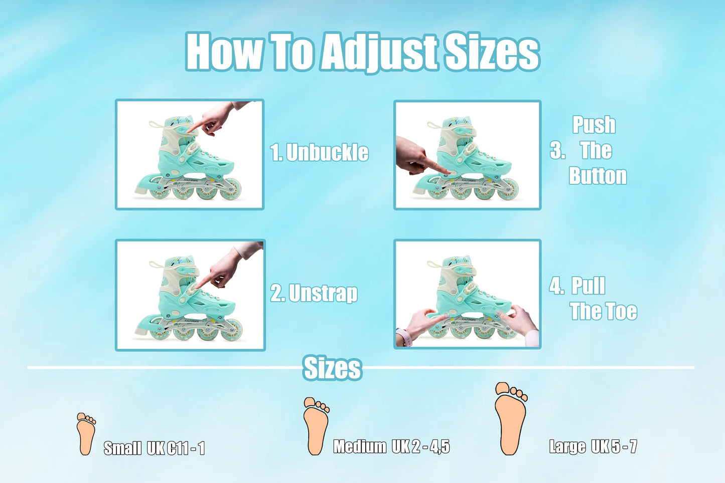 Scale Sports Adjustable Roller Skates Inline with 8 Light-Up Wheels – Kids Inline Roller Skates for Children's and Adults Rollers for Boys and Girls (Mint, Small-UK C11-1, EU 29-32)