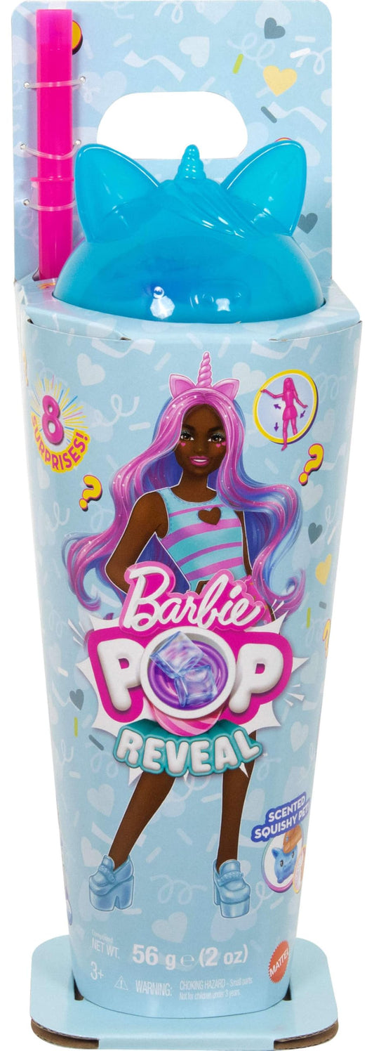 Barbie Pop Reveal Shakes Series doll with scented unicorn fashion, pet, and 8 surprise accessories, color-changing features.