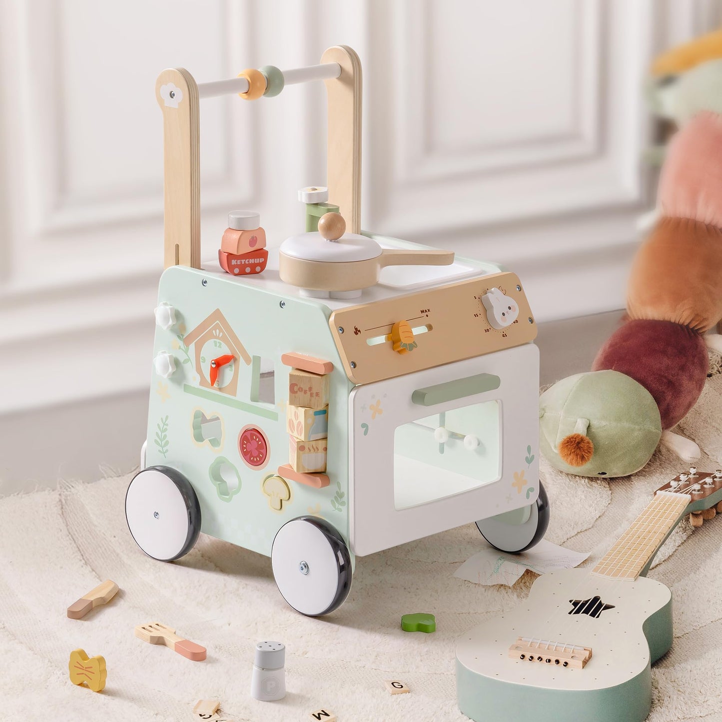 Robud wooden baby walker with adjustable height and speed, sensory play features, storage basket, and natural wood finish for toddlers.