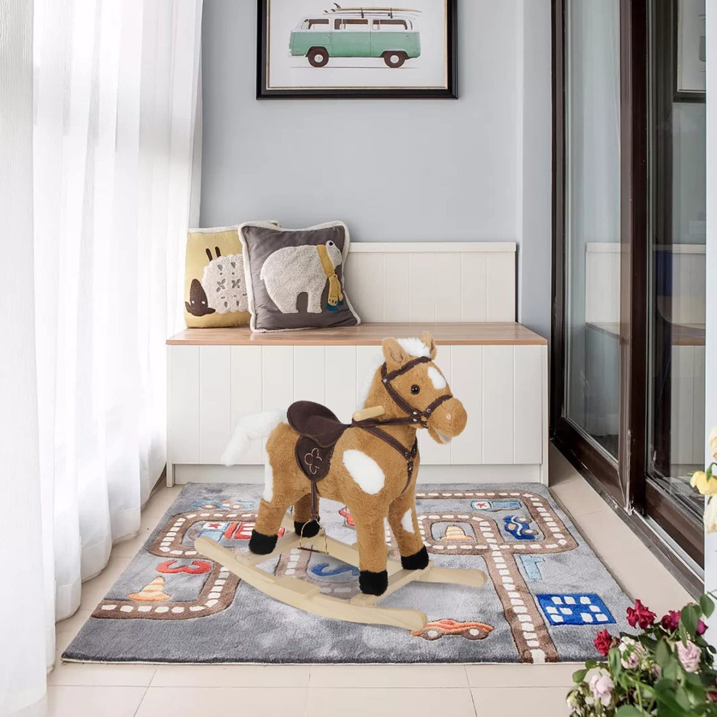 WOLTU Wooden Baby Rocking Horse, Plush Ride-on Toy with Sound and Stirrups, Toddler Rocker for Kids Aged 1–3, Brown, Seat Height 44cm