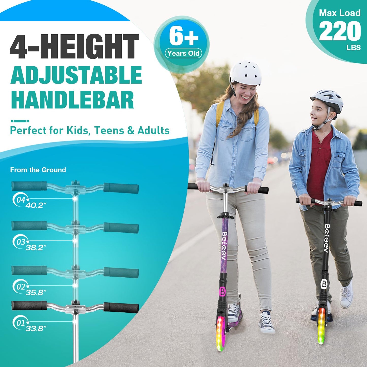 BELEEV Scooter for Kids Ages 6+, 200mm Big Wheel adult Scooters for Boys and Girls, 4 Adjustable Handlebar, Front Suspension, 2 Wheels Scooter with Carry Strap, up to 100Kg(Galaxy Purple)