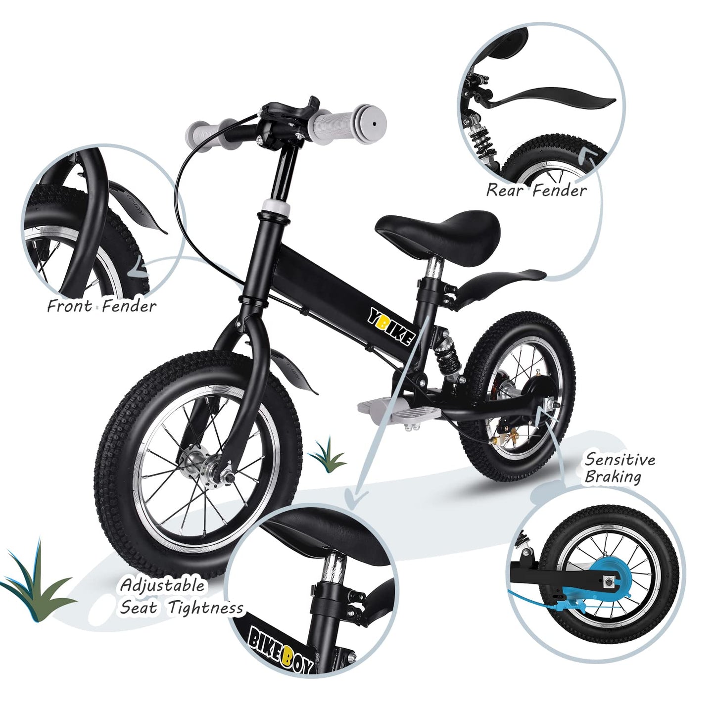 YBIKE 2 in 1 Kids Bike, 12 Inch Kids Balance Bike for 2-7 Years Old, Balance Bike with Pedals, Shock Absorber, Fenders, Brakes, Adjustable Handlebars and Seat (Black)