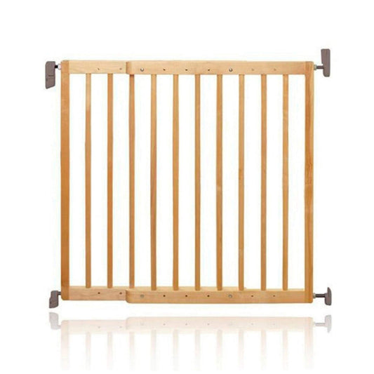 Munchkin Lindam Wall Fix extending wooden safety gate with secure latch and adjustable width for child safety.