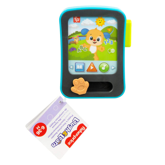 Fisher-Price Laugh & Learn Puppy storytime pretend tablet with lights, music, and multilanguage options for babies 6+ months.