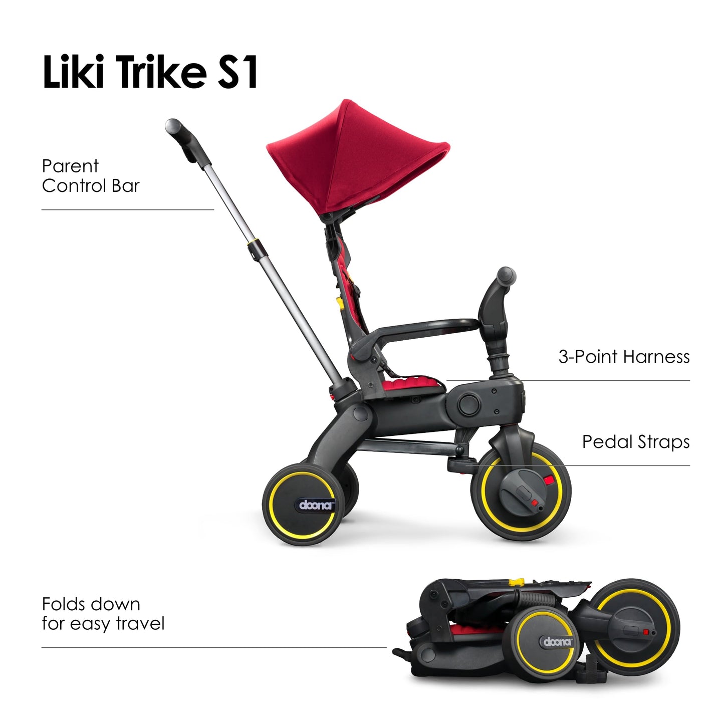 DOONA Liki Baby Trike S1 - Premium Foldable Toddler Tricycle with parent handle for ages 10 Months to 3 Years - Flame Red