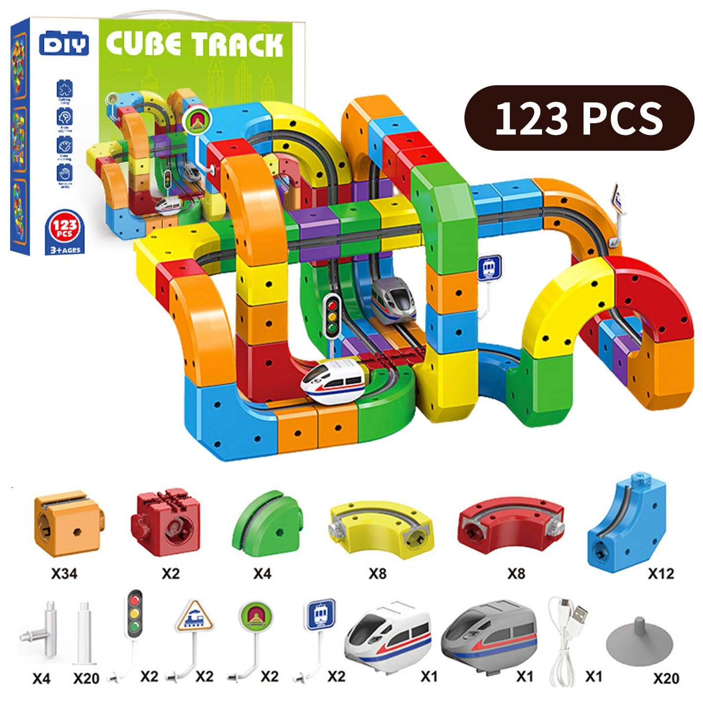 Clickrail Electric Train Set, Track Fusion Toy, Magic Rail Cube Train Set, with Gravity-Defying Motorized Train, 3D Embedded Layouts Train Track Set, DIY Cube Track, for Kids (123PCS)