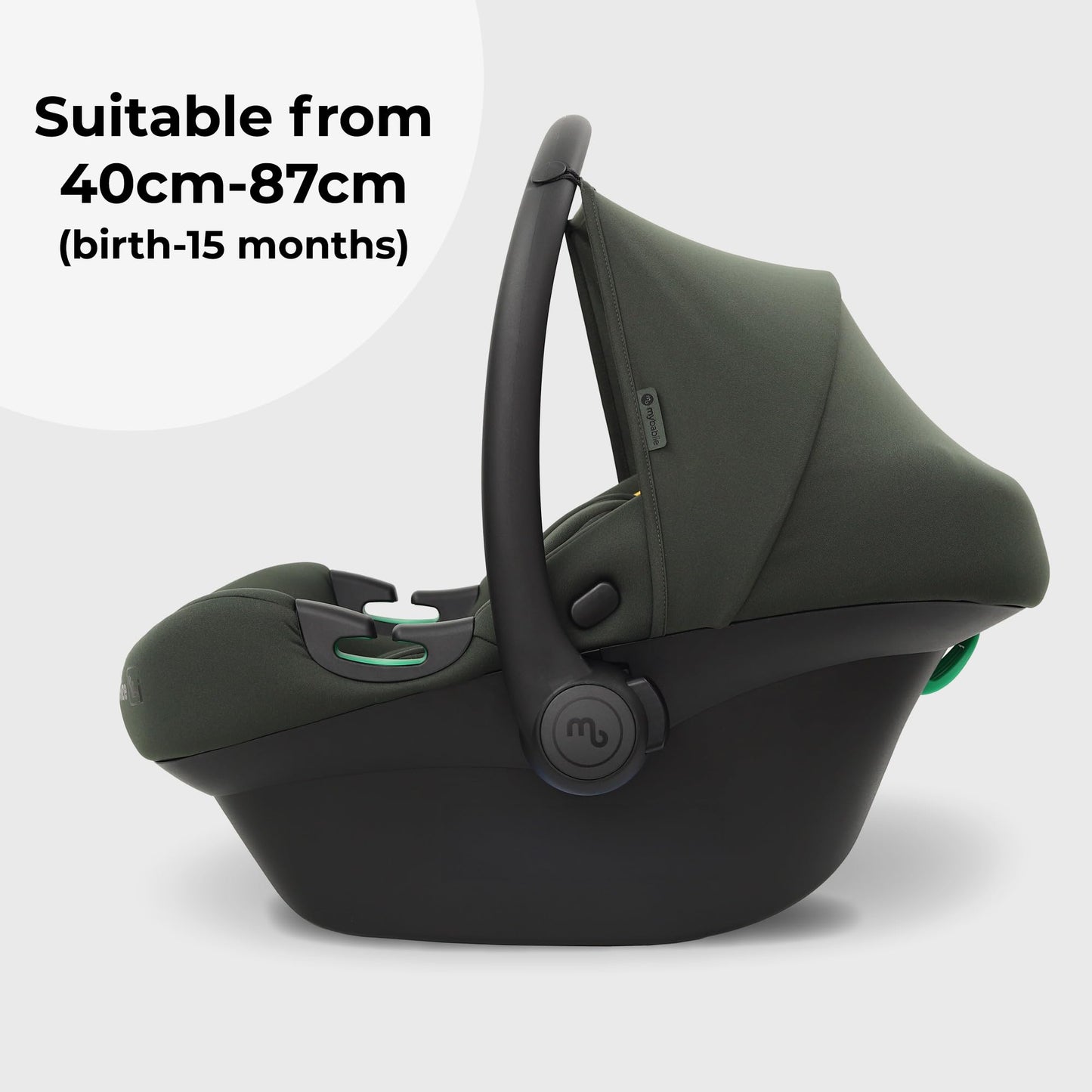 My Babiie MBCS02 i-Size Baby Car Seat - 40-87cm (Birth to 15 Months Approx.), R129, Group 0+, Lightweight Infant Carrier, Large Canopy, Newborn Insert, Adjustable Headrest - Forest Green