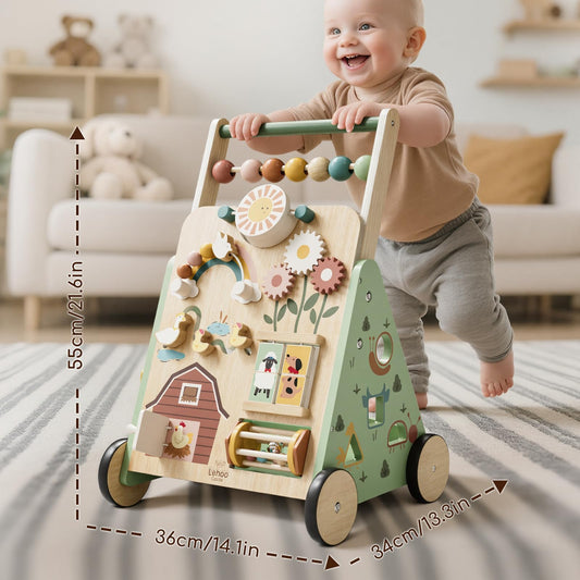 Lehoo Castle wooden baby walker with colorful activity panels, push along toy for 1-2 year old boys and girls, 10-in-1 learning center