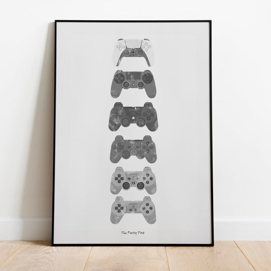 A3 laminated poster of a PS controller evolution art print, ideal for gaming room decor, featuring history of PlayStation controllers.